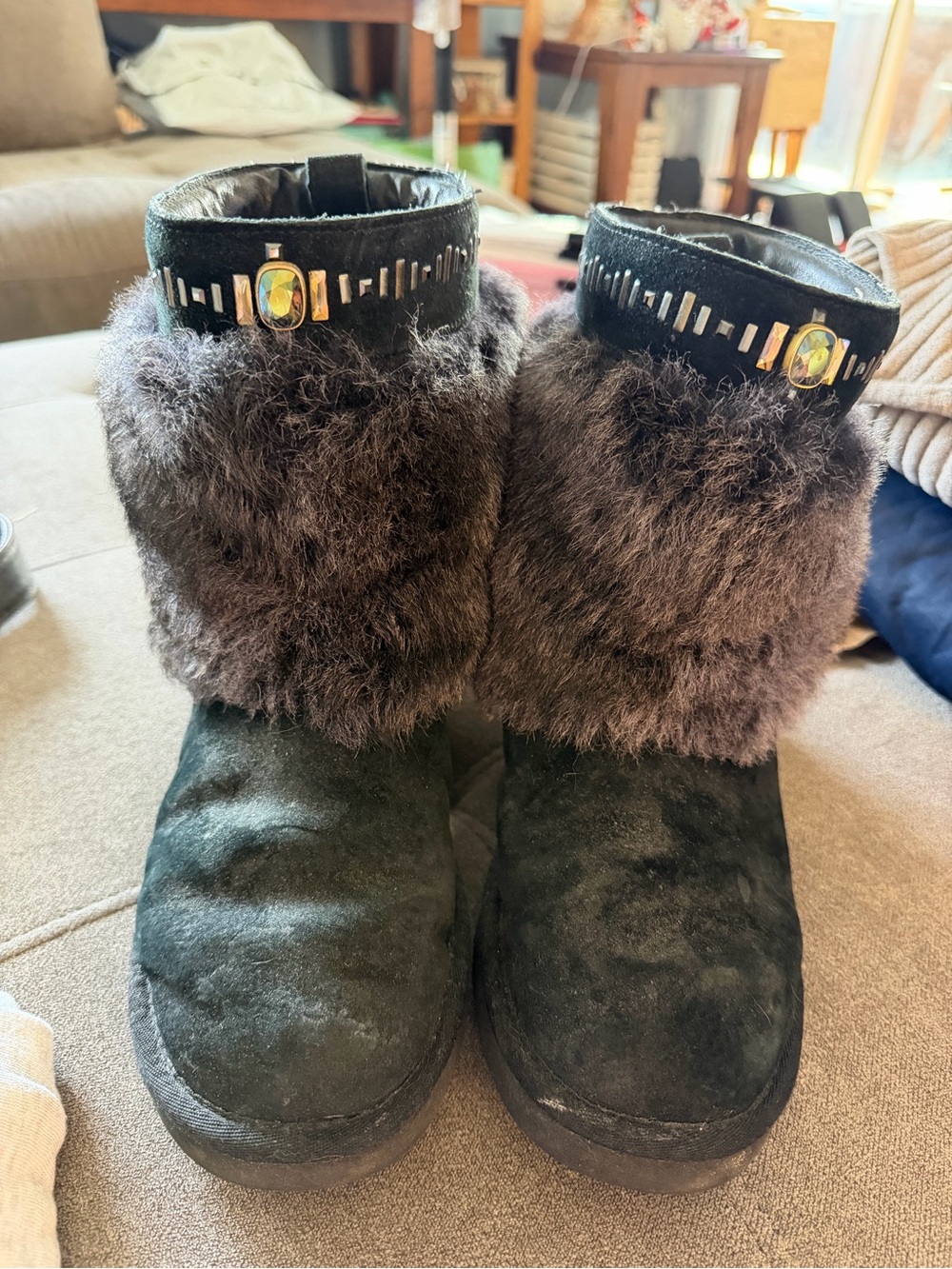 UGG Black Faux Fur Ankle Boots with Decorative Jewel Trim
